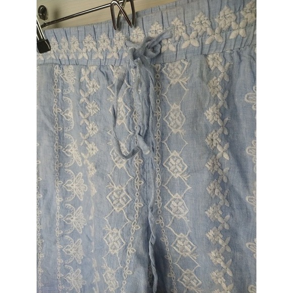 Loft 100 Linen Blue White Embroidery Elastic Waist Pants. Size M - Picture 4 of 12